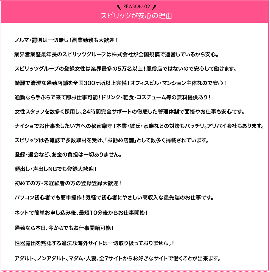 Reason02 スピリッツが安心の理由 ノルマ・罰金は一切なし！副業勤務も大歓迎！業界営業歴最年長のスピリッツグループは株式会社が全国規模で運営しているから安心。スピリッツグループの登録女性は業界最多の5万件以上！風俗店ではないので安心して働けます。きれいで清潔な通勤店舗を全国300か所以上完備！オフィスビル・マンション主体なので安心！通勤なら手ぶらで来て即お仕事可能！ドリンク・軽食・コスチューム等の無料提供あり！女性スタッフを数多く採用し、24時間完全サポートの徹底した管理体制で面接やお仕事も安心です。ナイショでお仕事をしたい方への秘密厳守！本業・彼氏・家族などの対策もバッチリ。アリバイ会社もあります。スピリッツは各雑誌で多数取材を受け、「お勧め店舗」として数多く掲載されています。登録・退会など、お金の負担は一切ありません。顔出し・声出しNGでも登録大歓迎！初めての方・未経験者の方の登録登録大歓迎！パソコン初心者でも簡単操作！気軽で初心者にやさしい高収入な最先端のお仕事です。ネットで簡単お申込み後、カメラ・マイク所持なら最短10分後からお仕事開始！通勤なら本日、今からでもお仕事開始可能！性器露出を黙認する違法な海外サイトは一切取り扱っておりません！アダルト・ノンアダルト・マダム・人妻・ワールド（外国人専用）からお好きなサイトで働くことが出来ます。