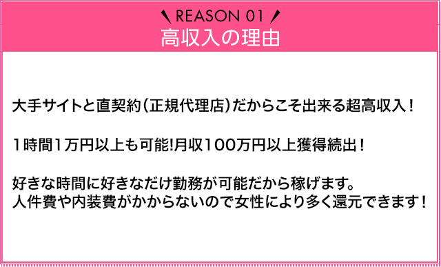 Reason01 高収入の理由 大手サイトと直契約（正規代理店）だからこそ出来る超高収入！1時間1万円以上も可能！月収100万円以上獲得続出！好きな時間に好きなだけ勤務が可能だから稼げます。人件費や内装費がかからないので女性により多く還元できます！