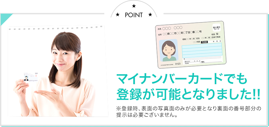 Point01 マイナンバーカードでも登録がかのうとなりました！※登録時、表面の写真面のみが必要となり、裏面の番号部分の提示は必要ございません。