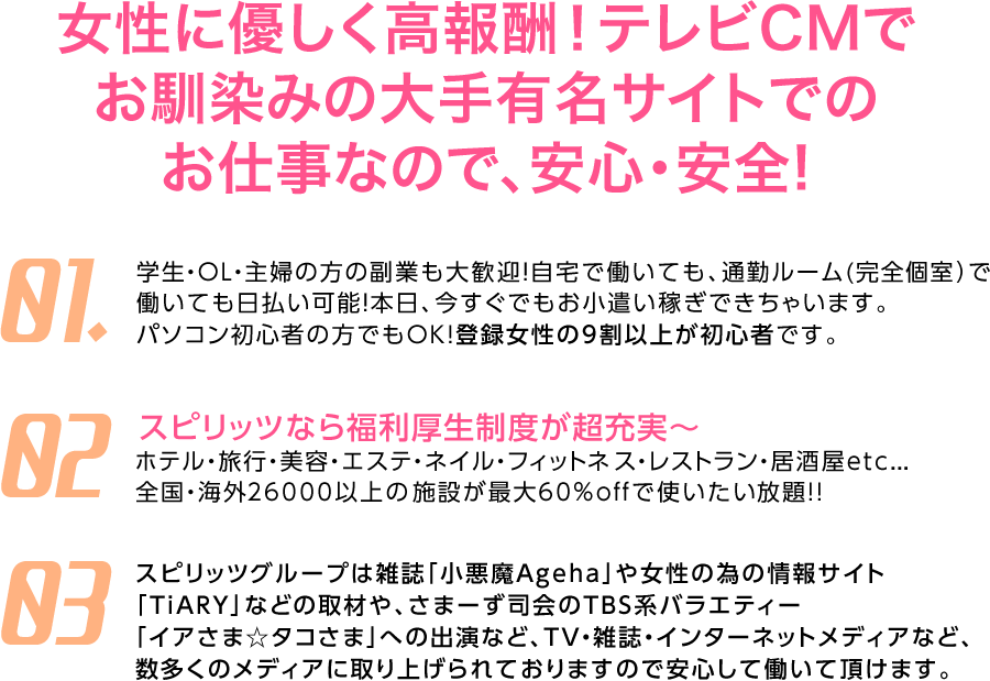 女性に優しく高収入！テレビCMでおなじみの大手有名サイトでのお仕事なので、安心・安全！ 1、学生・OL・主婦の方の副業も大歓迎！自宅で働いても、通勤ルーム（完全個室）で働いても日払い可能！本日、今すぐでもお小遣い稼ぎ出来ちゃいます。パソコン初心者の方でもOK!登録女性の9割以上が初心者です。 2、スピリッツなら福利厚生制度が超充実～ ホテル・旅行・美容・エステ・ネイル・フィットネス・レストラン・居酒屋etc...全国・海外26000以上の施設が最大60％OFFで使いたい放題！ 3、スピリッツグループは雑誌「小悪魔Ageha」や女性の為の情報サイト「TiARY」などの取材や、さまーず司会のTBS系バラエティー「イカさま☆タコさま」への出演など、TV・雑誌・インターネットメディアなど、数多くのメディアに取り上げられておりますので安心して働いて頂けます。