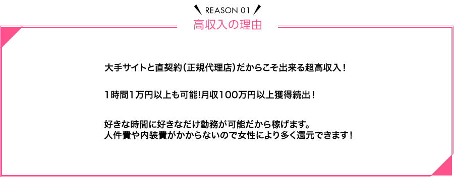 Reason01 高収入の理由 大手サイトと直契約（正規代理店）だからこそ出来る超高収入！1時間1万円以上も可能！月収100万円以上獲得続出！好きな時間に好きなだけ勤務が可能だから稼げます。人件費や内装費がかからないので女性により多く還元できます！