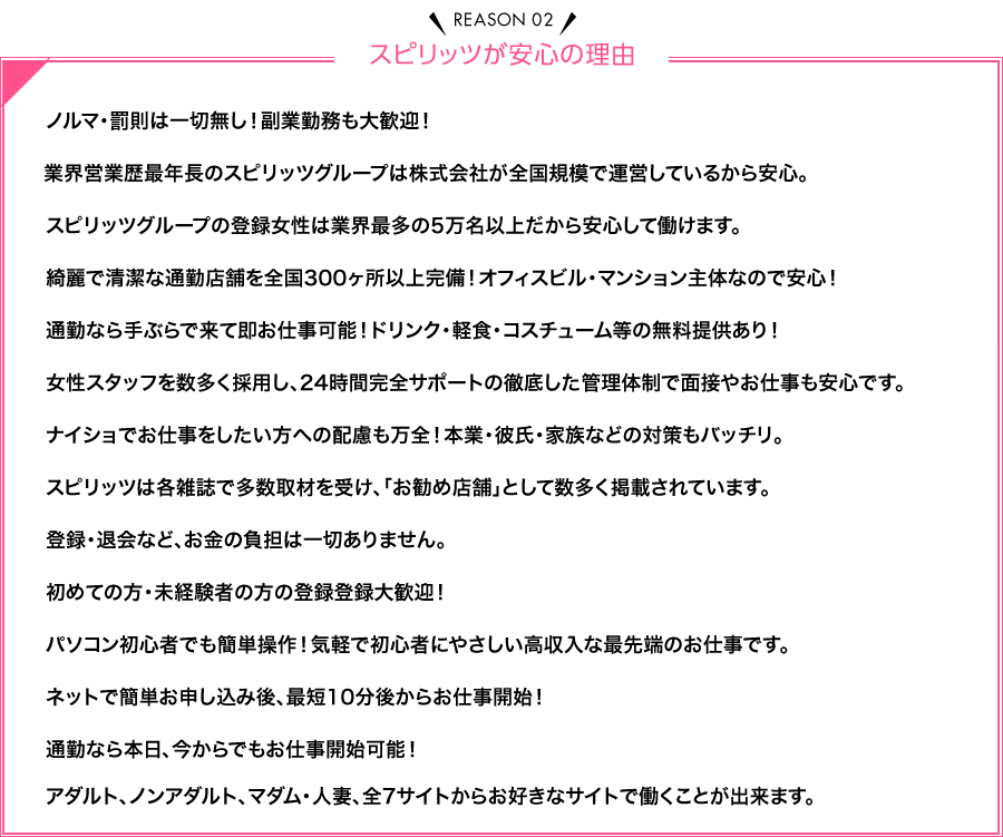 Reason02 スピリッツが安心の理由 ノルマ・罰金は一切なし！副業勤務も大歓迎！業界営業歴最年長のスピリッツグループは株式会社が全国規模で運営しているから安心。スピリッツグループの登録女性は業界最多の5万件以上！風俗店ではないので安心して働けます。きれいで清潔な通勤店舗を全国300か所以上完備！オフィスビル・マンション主体なので安心！通勤なら手ぶらで来て即お仕事可能！ドリンク・軽食・コスチューム等の無料提供あり！女性スタッフを数多く採用し、24時間完全サポートの徹底した管理体制で面接やお仕事も安心です。ナイショでお仕事をしたい方への秘密厳守！本業・彼氏・家族などの対策もバッチリ。アリバイ会社もあります。スピリッツは各雑誌で多数取材を受け、「お勧め店舗」として数多く掲載されています。登録・退会など、お金の負担は一切ありません。顔出し・声出しNGでも登録大歓迎！初めての方・未経験者の方の登録登録大歓迎！パソコン初心者でも簡単操作！気軽で初心者にやさしい高収入な最先端のお仕事です。ネットで簡単お申込み後、カメラ・マイク所持なら最短10分後からお仕事開始！通勤なら本日、今からでもお仕事開始可能！性器露出を黙認する違法な海外サイトは一切取り扱っておりません！アダルト・ノンアダルト・マダム・人妻・ワールド（外国人専用）からお好きなサイトで働くことが出来ます。