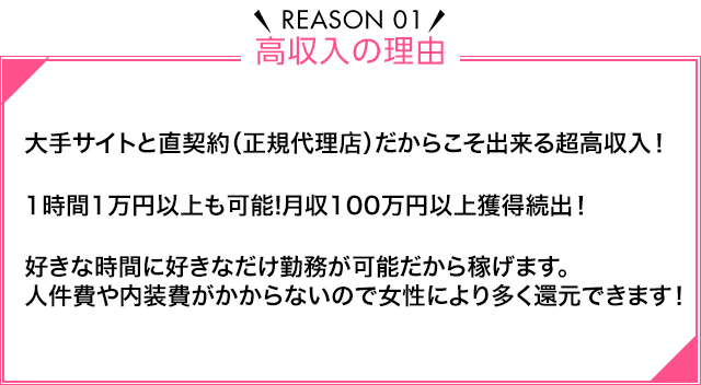 Reason01 高収入の理由 大手サイトと直契約（正規代理店）だからこそ出来る超高収入！1時間1万円以上も可能！月収100万円以上獲得続出！好きな時間に好きなだけ勤務が可能だから稼げます。人件費や内装費がかからないので女性により多く還元できます！